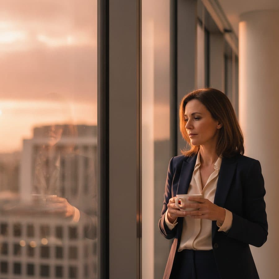 Une dirigeante à la fenêtre de son bureau au coucher du soleil, tasse à la main