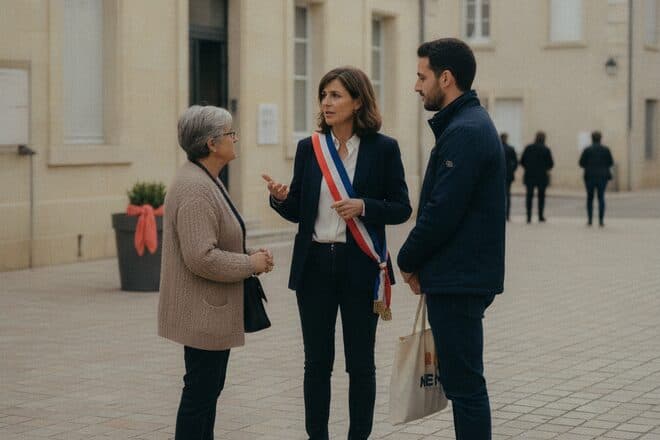 Une élue en échange avec des habitants devant la mairie